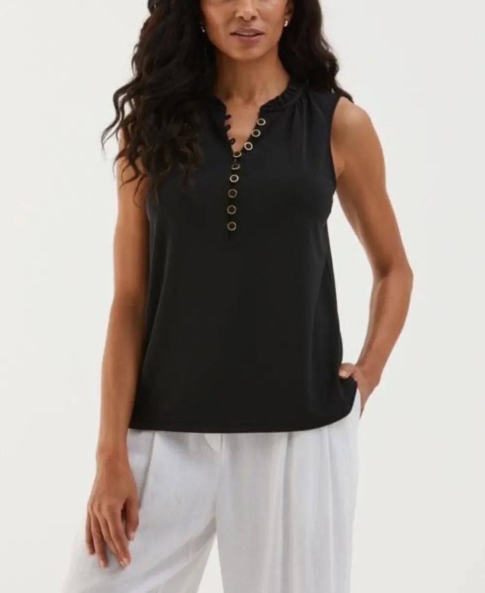 Rafaella Half Loop Button Front Sleeveless Ruffle Black Tank Top Medium